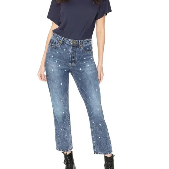 NWT Sandrine Rose Free People Straight Leg Jeans Bleach Polka Dot Medium Wash 24 - Picture 2 of 12
